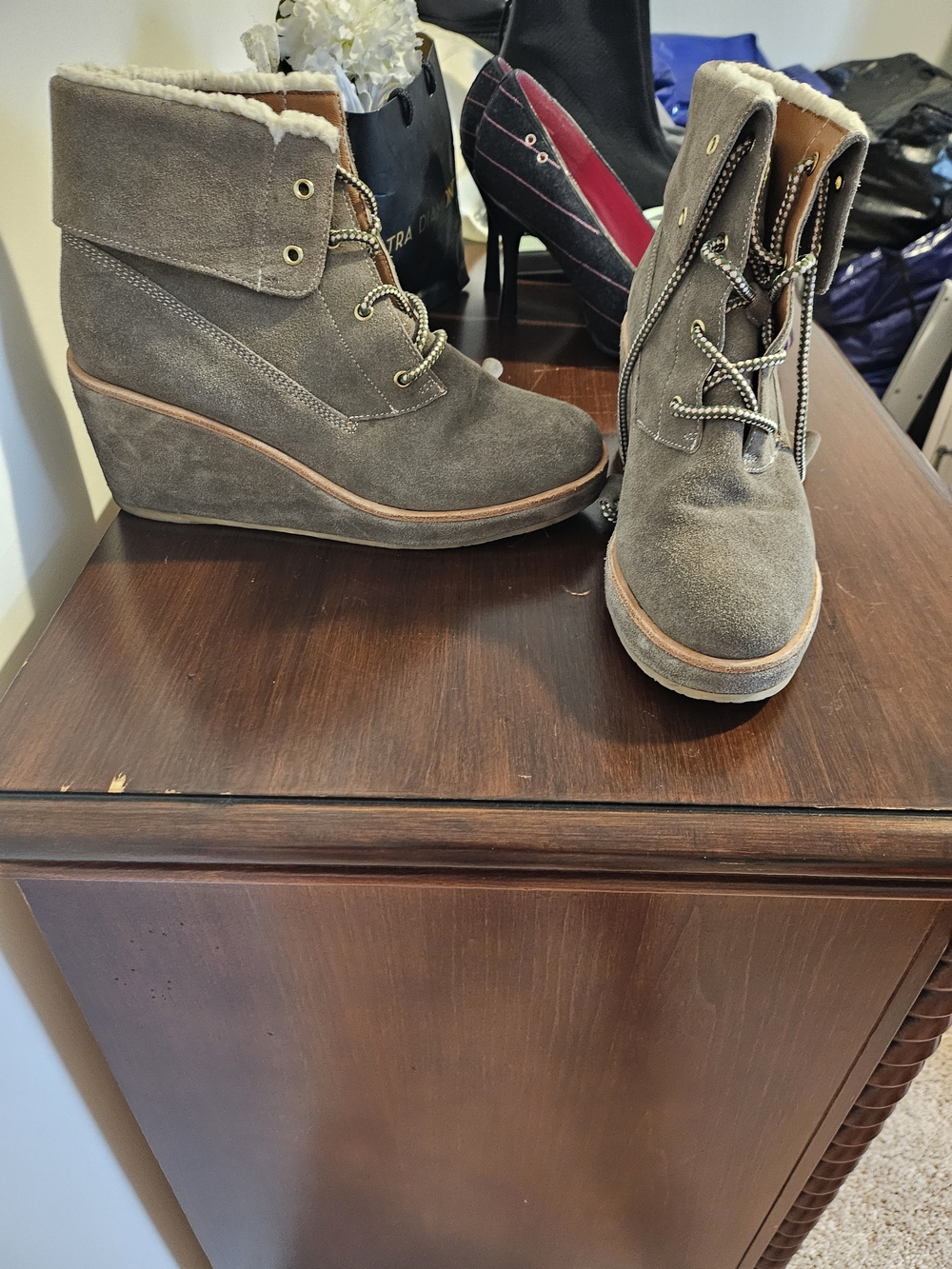 kate spade Gray Suede Wedge Ankle Booties with Shearling Trim